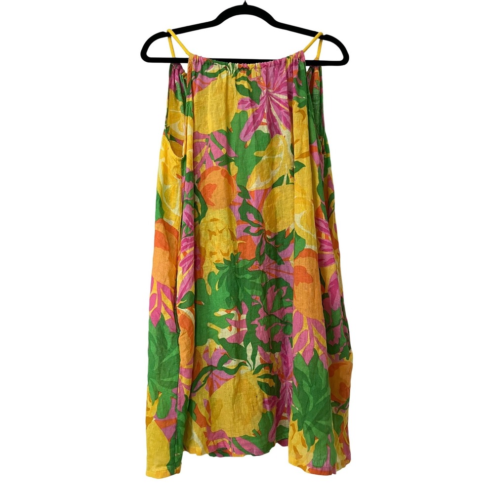 C&C California Tropical Fruit Print Linen Blend Shift Dress Multicolor Sz L